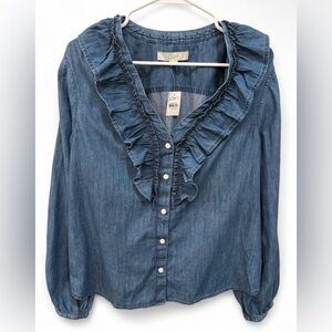 NWT LOFT Blue‎ Chambray Ruffle Button-Front Blouse Large Casual Boho Cotton